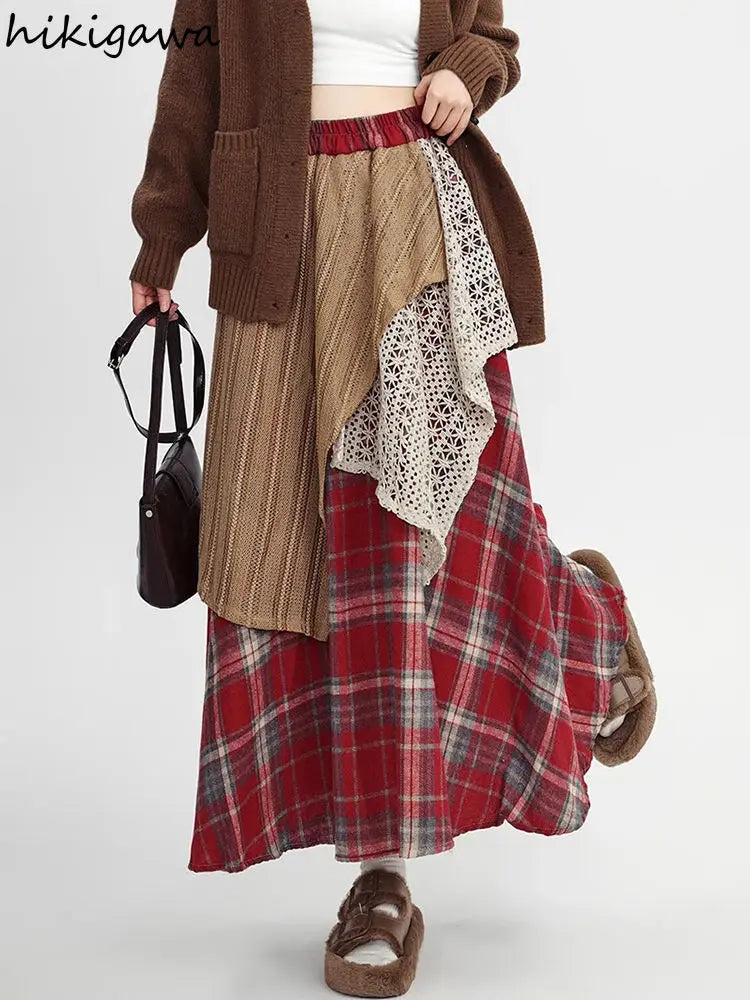 Y2k Skirts Women Clothing 2025 Faldas Mujer De Moda Contrast Color A-line Jupe Fashion Korean Saia Lace Plaid Casual Long Skirt
