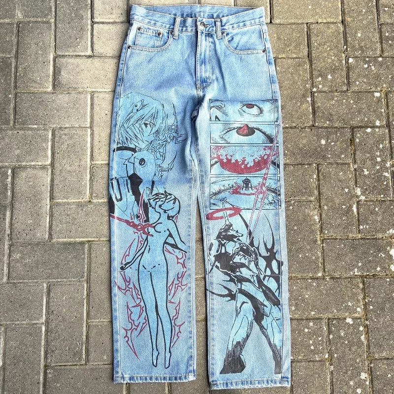 Y2k Anime Baggy Denim Trend Hand Drawn Printed Pattern New Men Women Pants Hip Hop Retro Harajuku Streetwear Unisex Casual Jeans