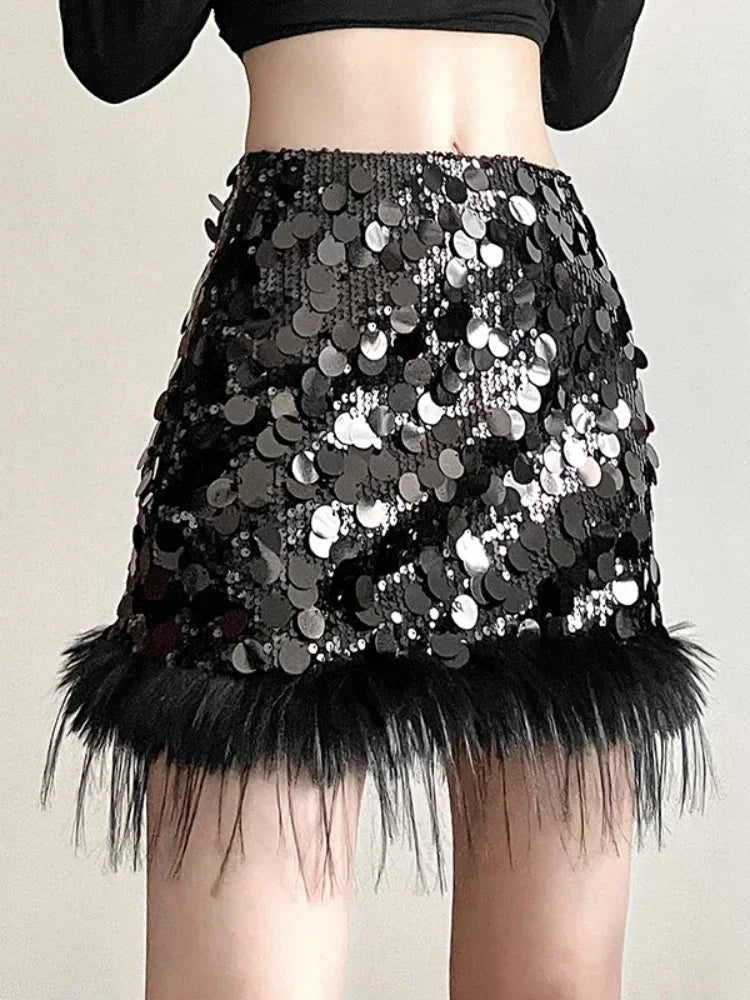 Sexy Mini Skirt Y2k Slim Women Clothing Feather Streetwear Sequined A-Line Faldones Para Mujer High Waist Casual Fashion Outfits