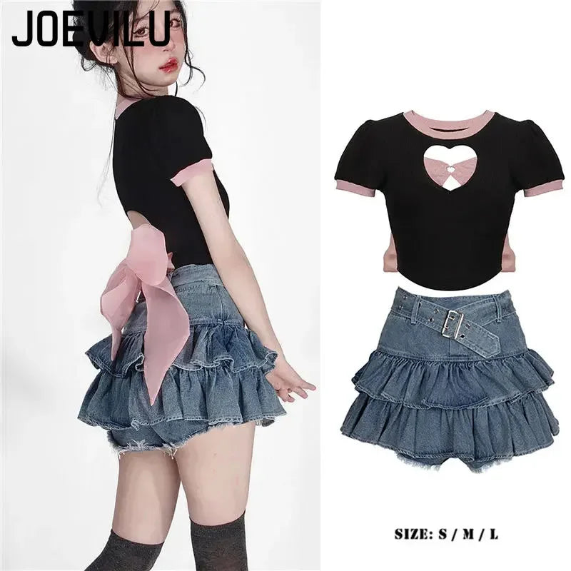 Y2k Skirt Set Bow Tie Love Hollow Out Crop Top Denim Ruffled Pleated Skirt 2 Piece Sets Women Summer Sexy Backless Outfits Suit