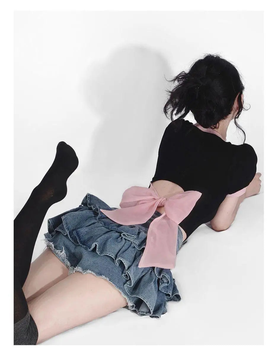 Y2k Skirt Set Bow Tie Love Hollow Out Crop Top Denim Ruffled Pleated Skirt 2 Piece Sets Women Summer Sexy Backless Outfits Suit