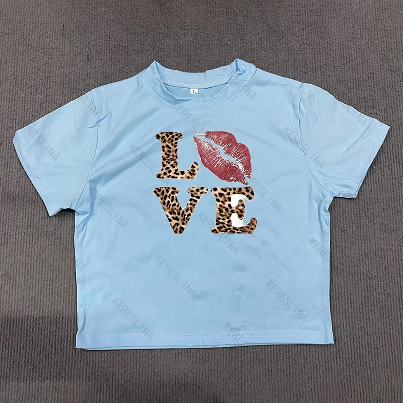 Y2k leopard LOVE Print spicy girl crop top Baby tee 2000s