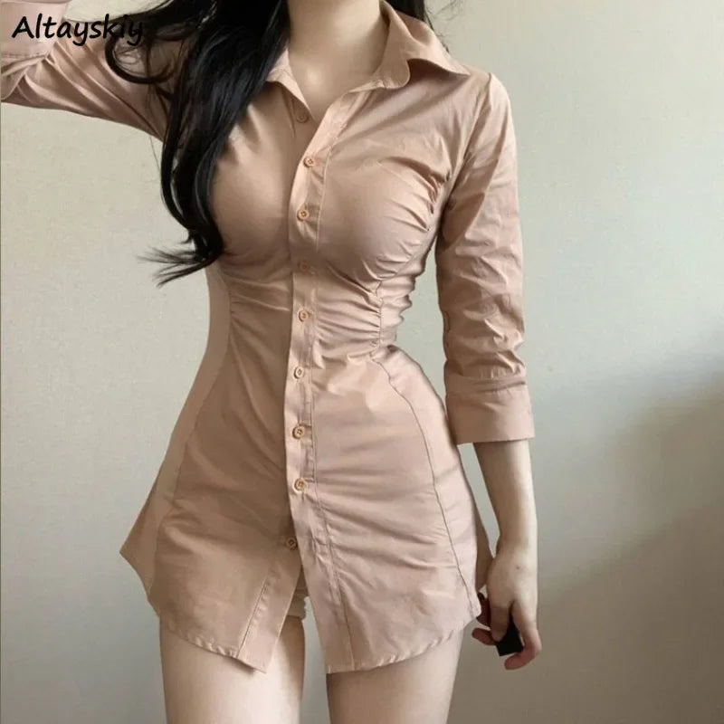Mini Dresses for Women Skinny Sexy Female Solid Clothing Spring Summer Fashion Turn-down Collar Young Ins New High Waist Casual