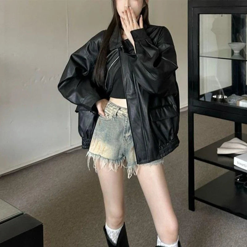 New American Retro Faux Leather Jacket Women Autumn Y2K Long Sleeve Pu Jackets Woman Stylish Loose Zipper Moto Biker Coats Mujer