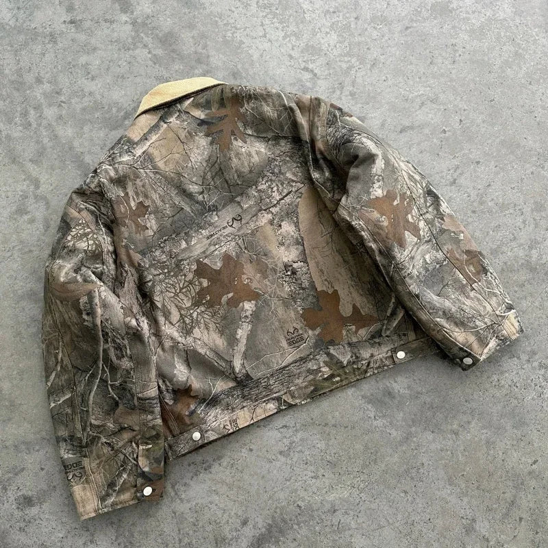 Y2K vintage camouflage men jacket American style street casualwear V neck polo top fashion pattern men women sweatshirt Jacket