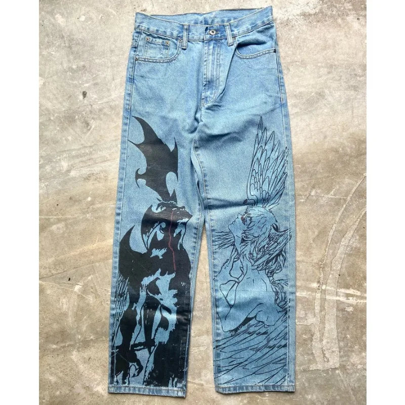 Y2k Anime Baggy Denim Trend Hand Drawn Printed Pattern New Men Women Pants Hip Hop Retro Harajuku Streetwear Unisex Casual Jeans