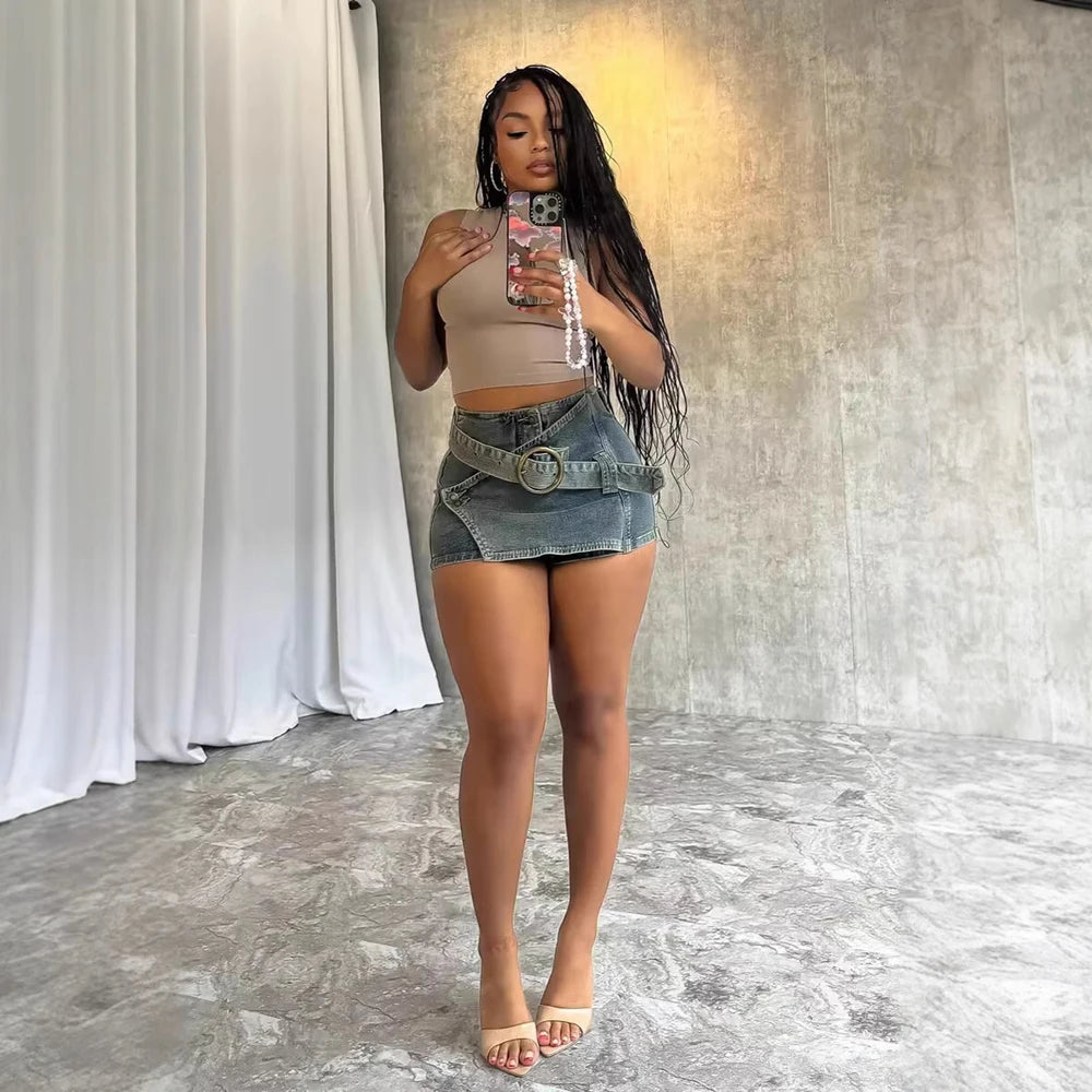 Chic Women Denim Short Skirt Y2k Street Wear Clothes 2025 Summer Sexy Irregular Vintage Washed Blue Belted Mini Jean Skirts