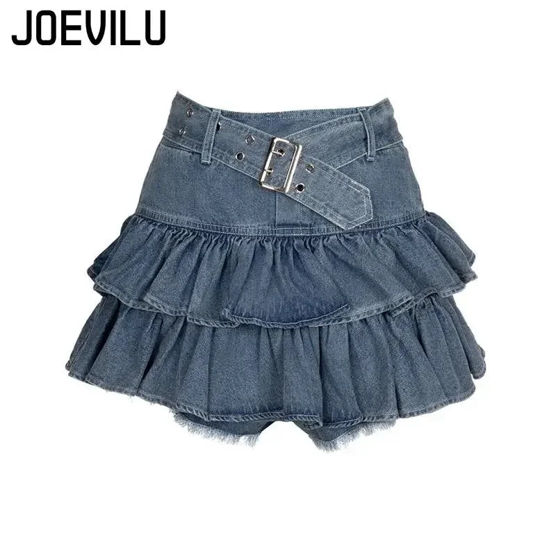 Y2k Skirt Set Bow Tie Love Hollow Out Crop Top Denim Ruffled Pleated Skirt 2 Piece Sets Women Summer Sexy Backless Outfits Suit