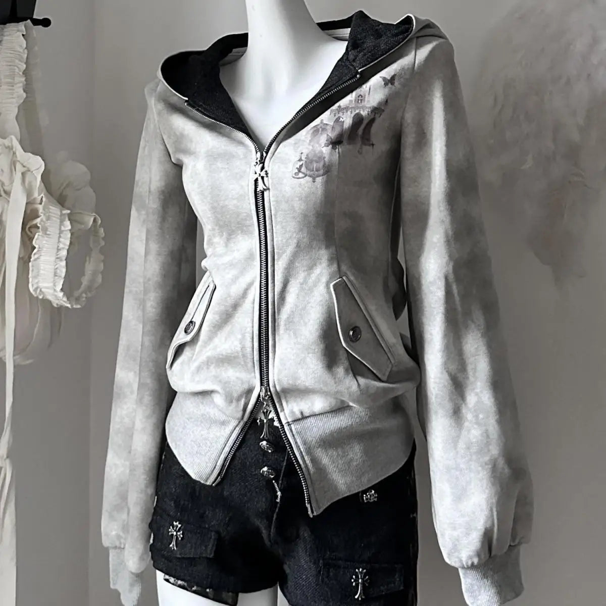 American Vintage Y2k Hottie Slimming Hoodies Autumn Cotton 100% New Gray Harajuku Hoodie Womens Subculture Zip-up Cardigan Coat