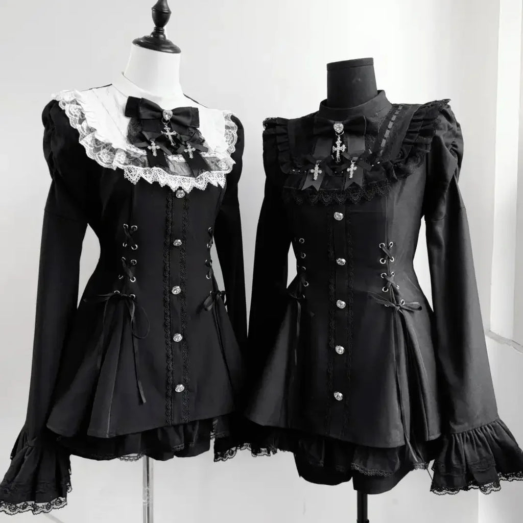 Women Y2k Aesthetic Lolita Style Bow Dress Shorts Set Japanese Gothic Lace Flare Sleeve Button Shirt Dress Punk Party Mini Dress