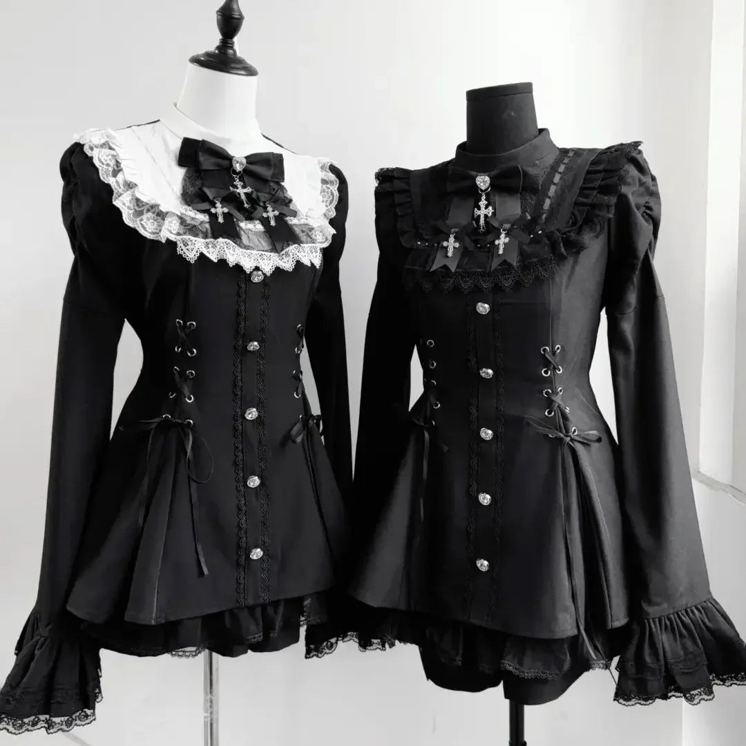 Women Y2k Aesthetic Lolita Style Bow Dress Shorts Set Japanese Gothic Lace Flare Sleeve Button Shirt Dress Punk Party Mini Dress