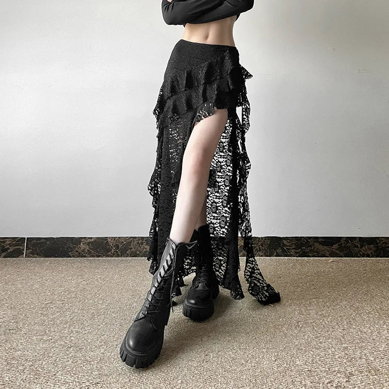 BKLD 2025 Autumn New Women Clothing Black Skirts Sexy High Waist Lace Ruffles Patchwork Irregular Y2k Skirts Party Clubwear