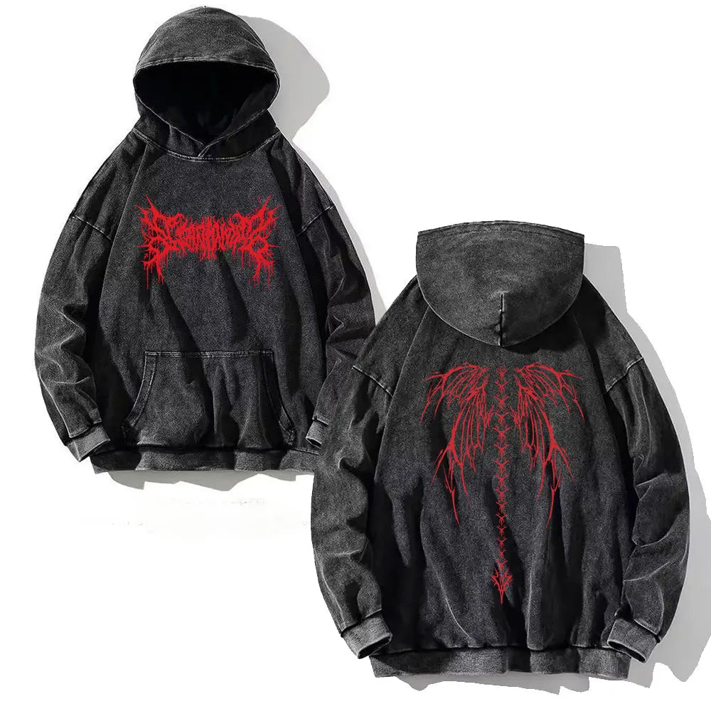 Vintage Y2K Cross Printed Washed Hoodie Cotton Long Sleeve Hip Hop Men Winter Clothing Fashion Casual Hip Hop Hooded Sweatshirt