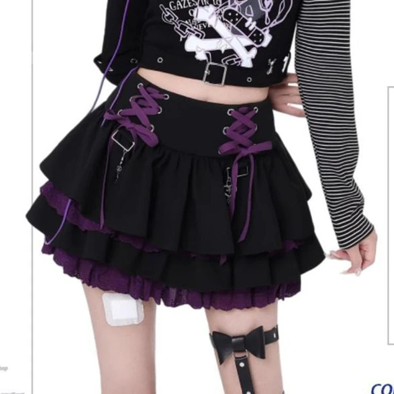Y2K Subculture Women Skirt Korean Lace Up Hotsweet Streetwear Mini Skirts High Waist A Line Chic High Street Female Cake Skirts