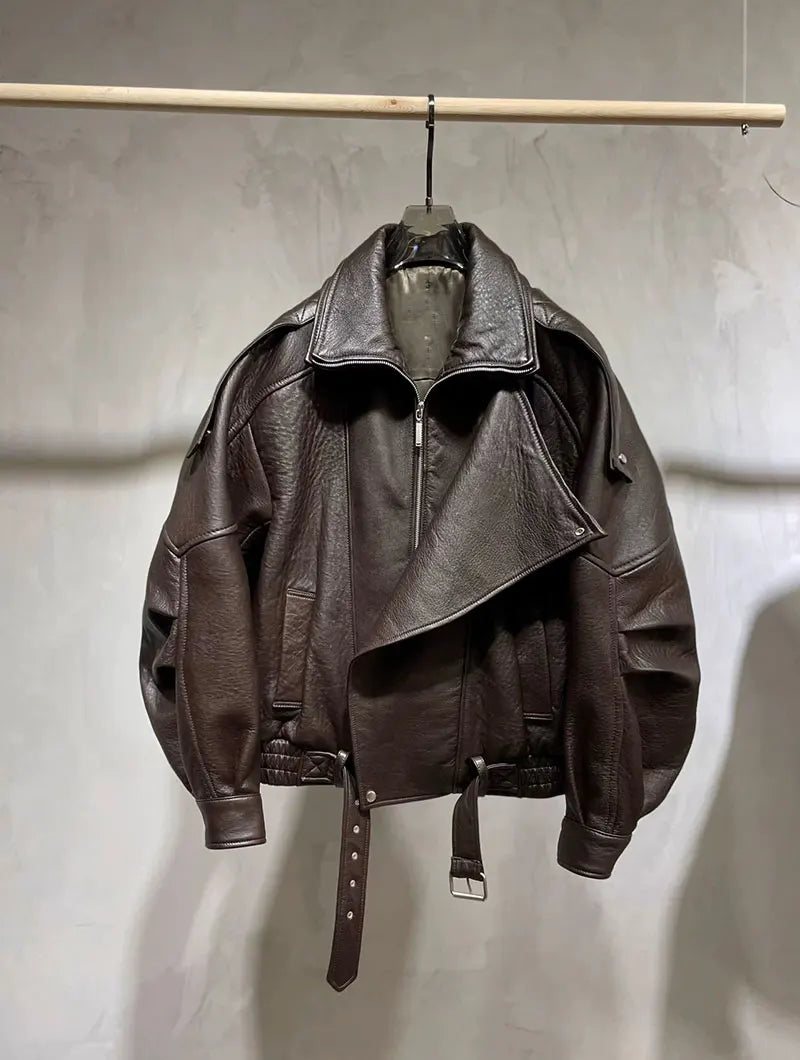 Women Jacket PU Leather Casual Short Punk Lace Up Turn Down Collar Long Sleeve Zipper Loose Y2k Street Wear British 2025 Winter