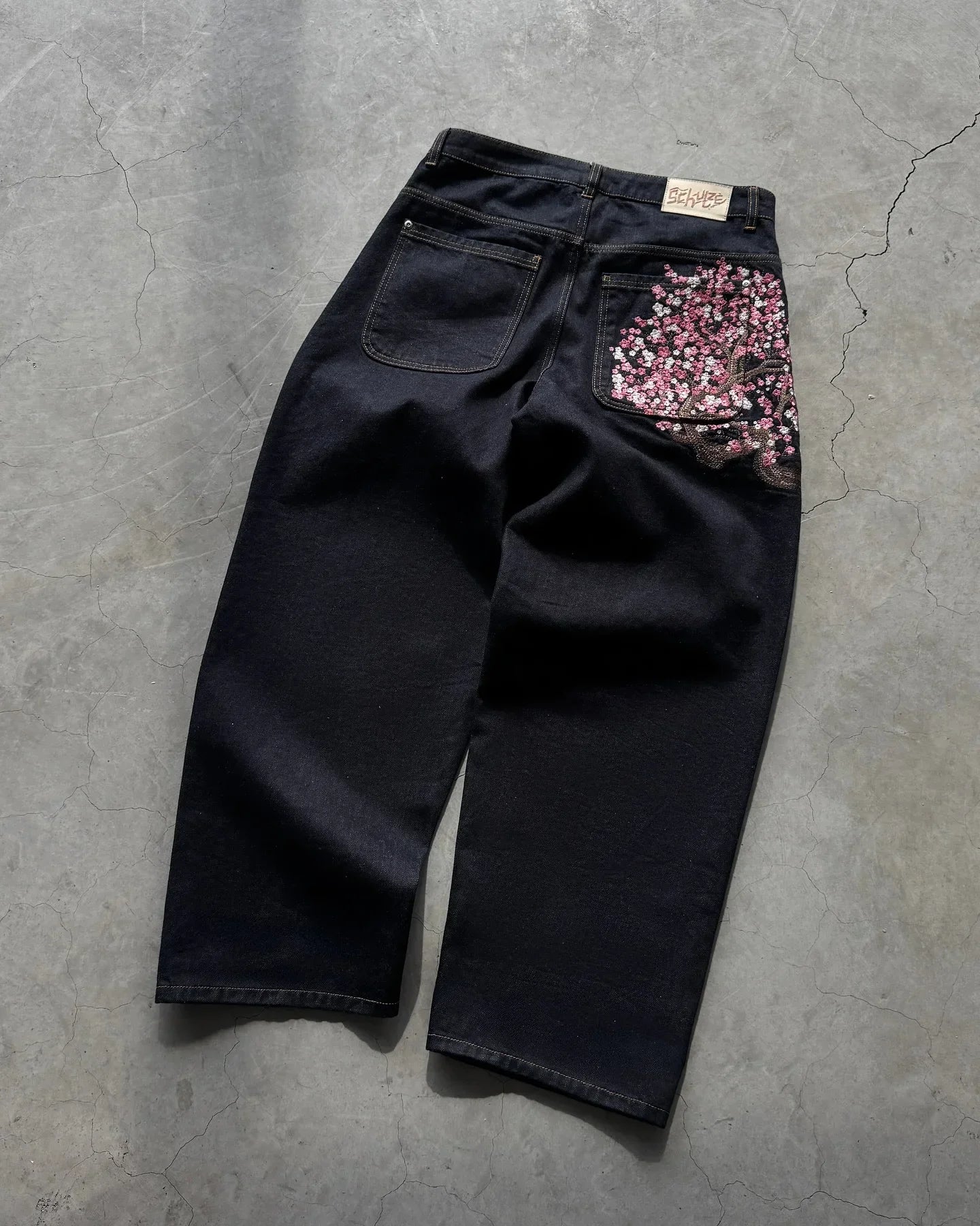 2025 New Y2K Baggy jeans Cherry Blossom Selvedge Embroidery Denim Pants men women denim fabric American Hiphop Streetwear W★★★★
