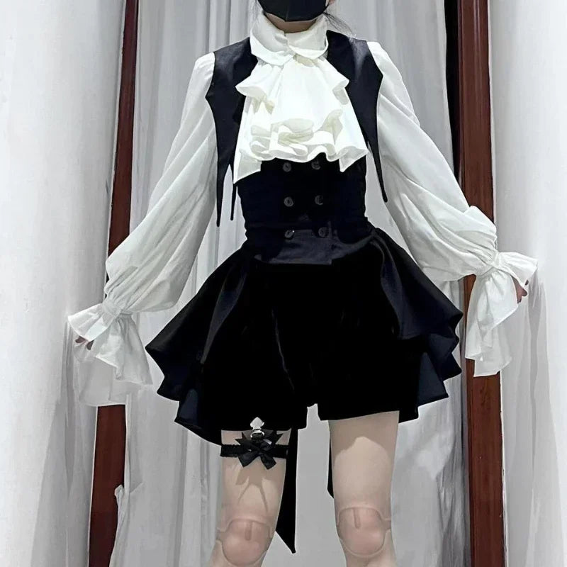 Women Y2k Aesthetic Lolita Style Bow Dress Shorts Set Japanese Gothic Lace Flare Sleeve Button Shirt Dress Punk Party Mini Dress