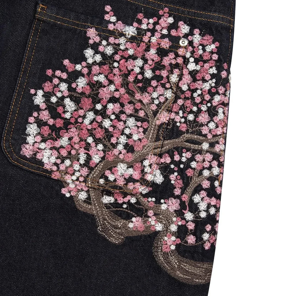2025 New Y2K Baggy jeans Cherry Blossom Selvedge Embroidery Denim Pants men women denim fabric American Hiphop Streetwear W★★★★