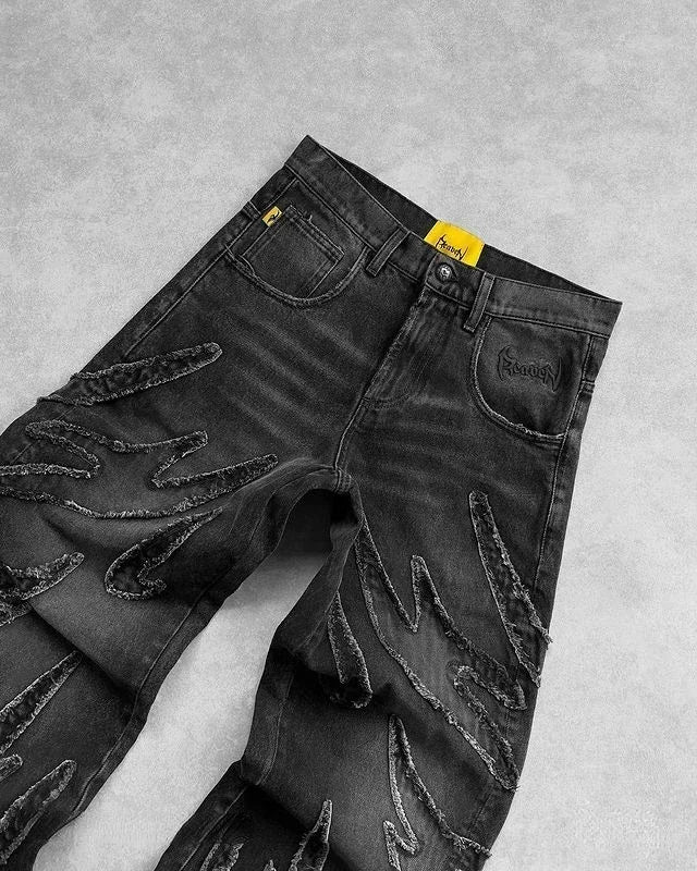 2025 Y2k Hip Hop Baggy Jeans for Men Distressed Retro Black Pants Embroidery Harajuku Gothic Wide Leg Trousers Streetwear Pants