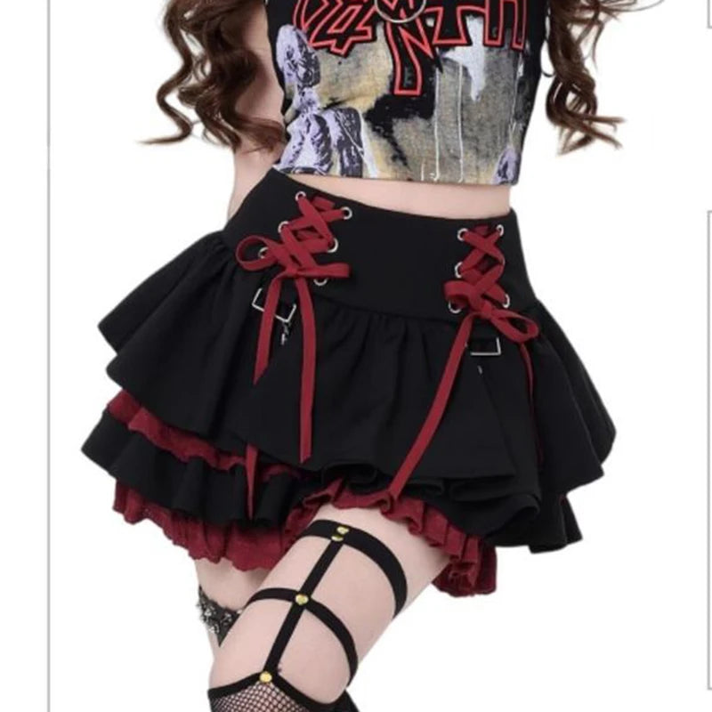 Y2K Subculture Women Skirt Korean Lace Up Hotsweet Streetwear Mini Skirts High Waist A Line Chic High Street Female Cake Skirts