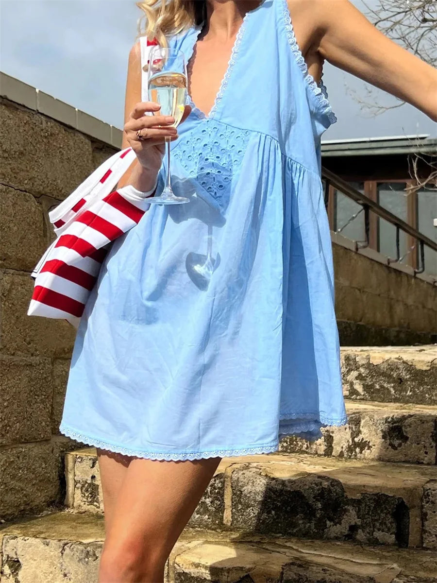Y2k Coquette Mini Dress Women Lace Slips Low Neck Free Sleeveless Tank Flowy Boho Sundresses People Dupes 00s Vintage Clothes