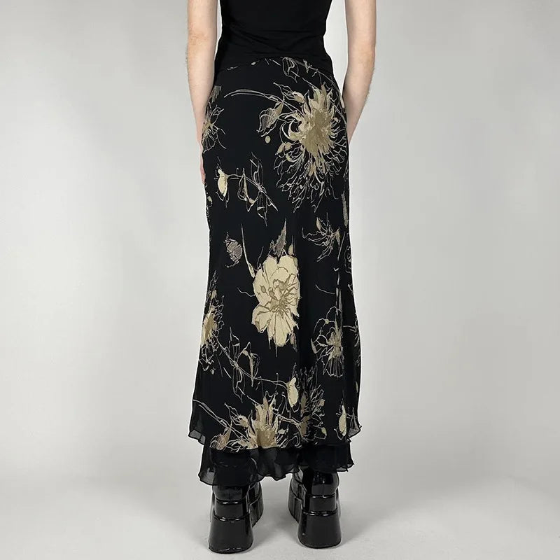 Y2K Double Layer Mesh A-line Skirt Women Fashion Florals Print Slim Skirts Fairy Streetwear Gothic Bottomsprint Print Mesh Skirt