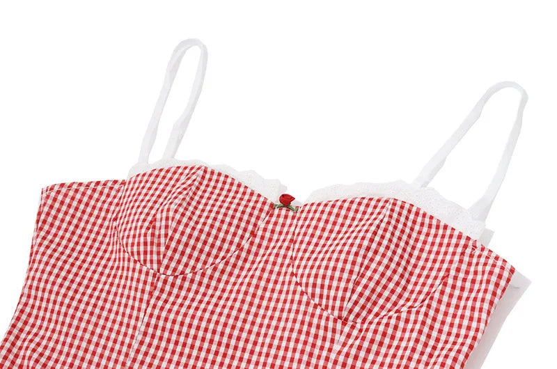 Women's Vintage Y2K Red Plaid Mini Dresses Sexy Backless Lace Spaghetti Strap Dress Woman Elegant Slim Evening Party Vestidos