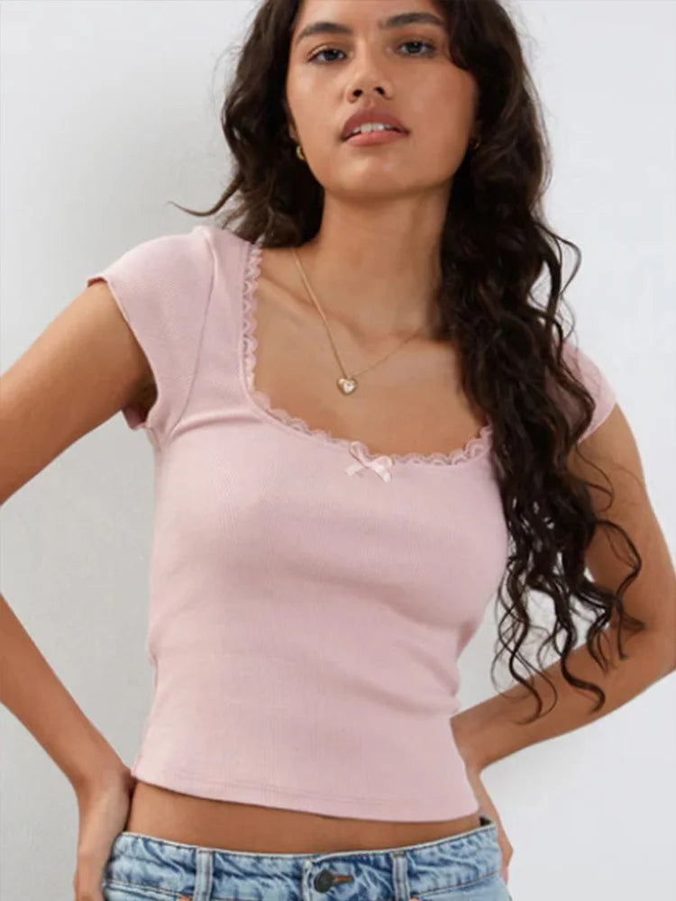 y2k Vintage Baby Tee Cottage Lace Trim Knitted