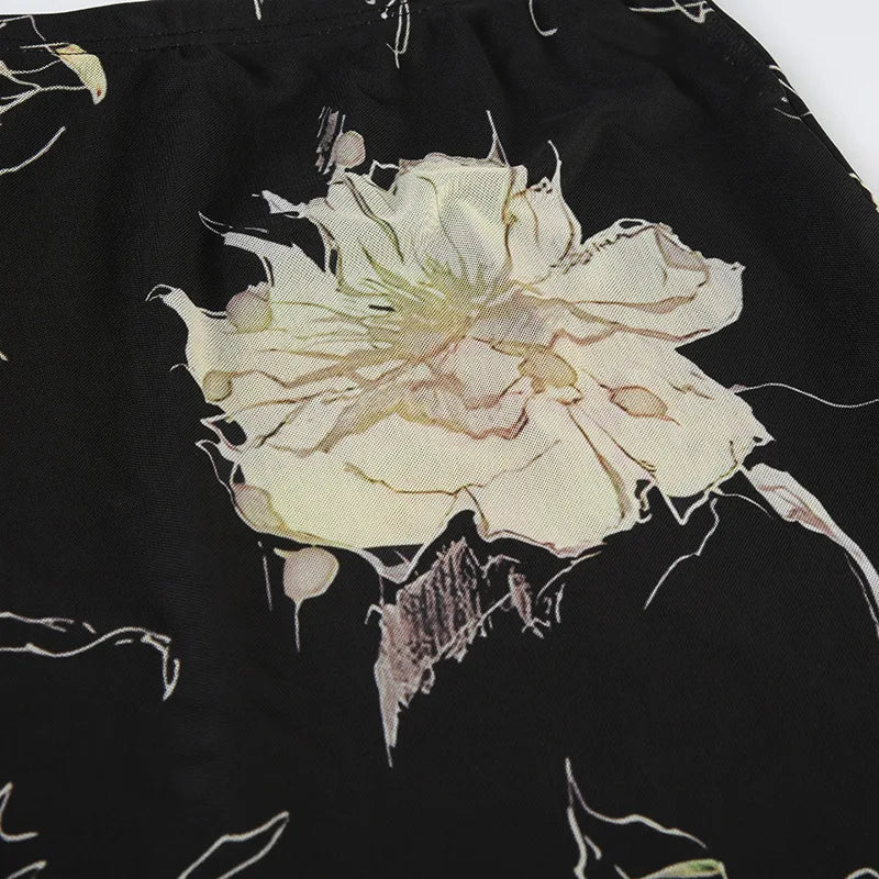 Y2K Double Layer Mesh A-line Skirt Women Fashion Florals Print Slim Skirts Fairy Streetwear Gothic Bottomsprint Print Mesh Skirt