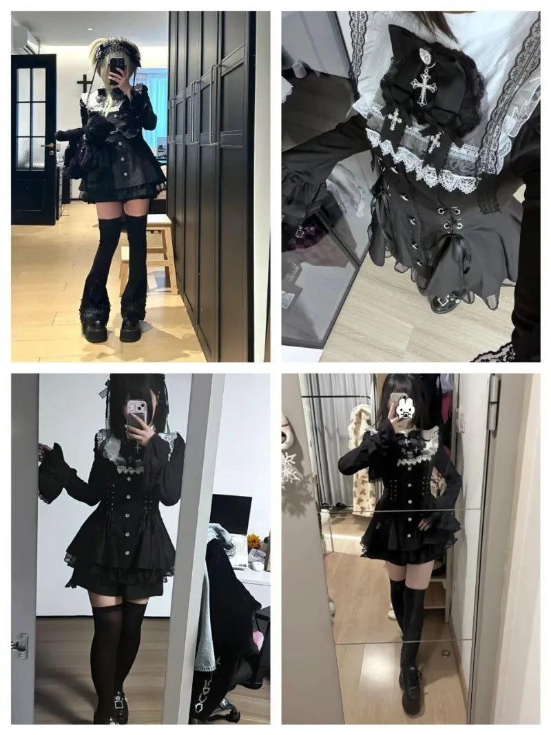 Women Y2k Aesthetic Lolita Style Bow Dress Shorts Set Japanese Gothic Lace Flare Sleeve Button Shirt Dress Punk Party Mini Dress