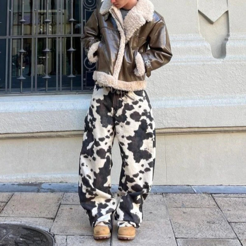 Vintage Cow Print Women's Jeans Y2K Washed Wide Leg Baggy Jeans Woman American Style Fashion Unisex Baggy Streetwear Denim Pants