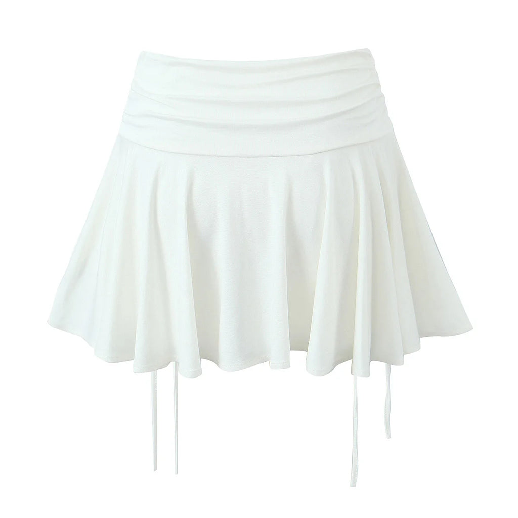 2023 Summer Y2K Style Cool Girl Asymmetrical Pleated Mini Skirts Women Rope Lacing Up Bandage Bow Waist Skirts White Black