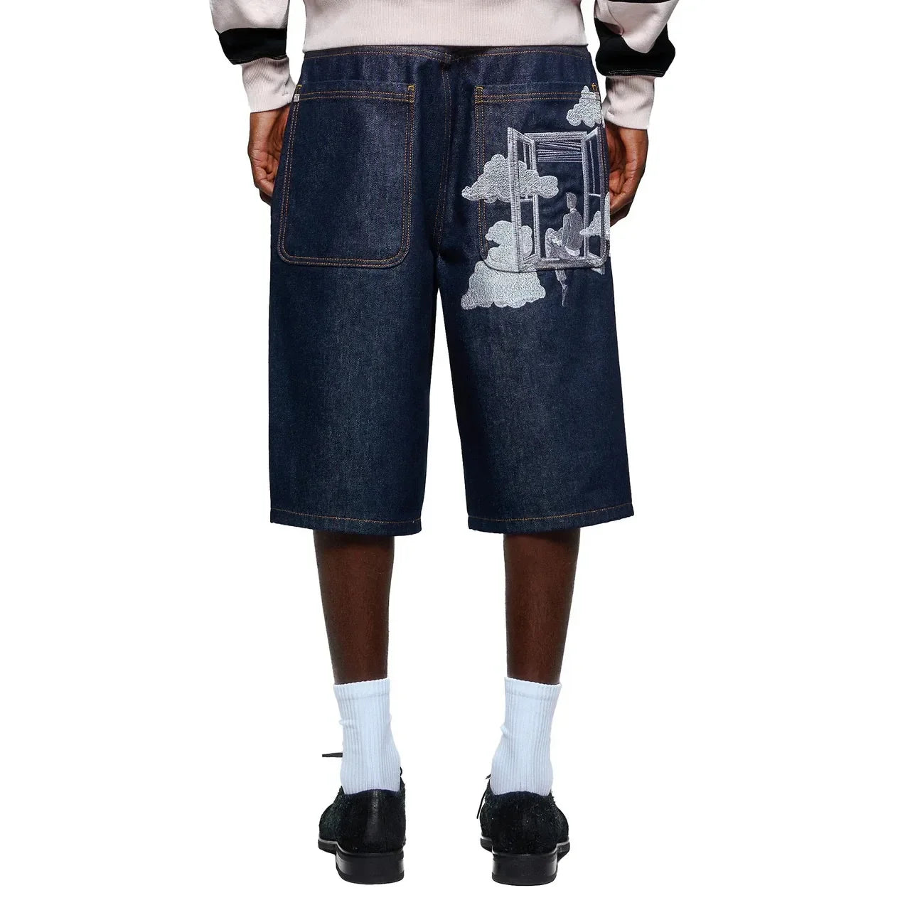 Fashion Cherry Blossom Pocket Embroidery Jeans Shorts Men Women Retro Baggy Black Denim Short Y2k Jorts Hip Hop Streetwear Pants