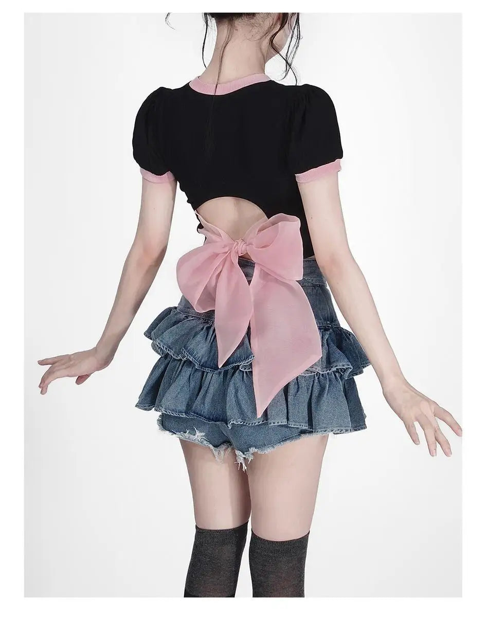 Y2k Skirt Set Bow Tie Love Hollow Out Crop Top Denim Ruffled Pleated Skirt 2 Piece Sets Women Summer Sexy Backless Outfits Suit