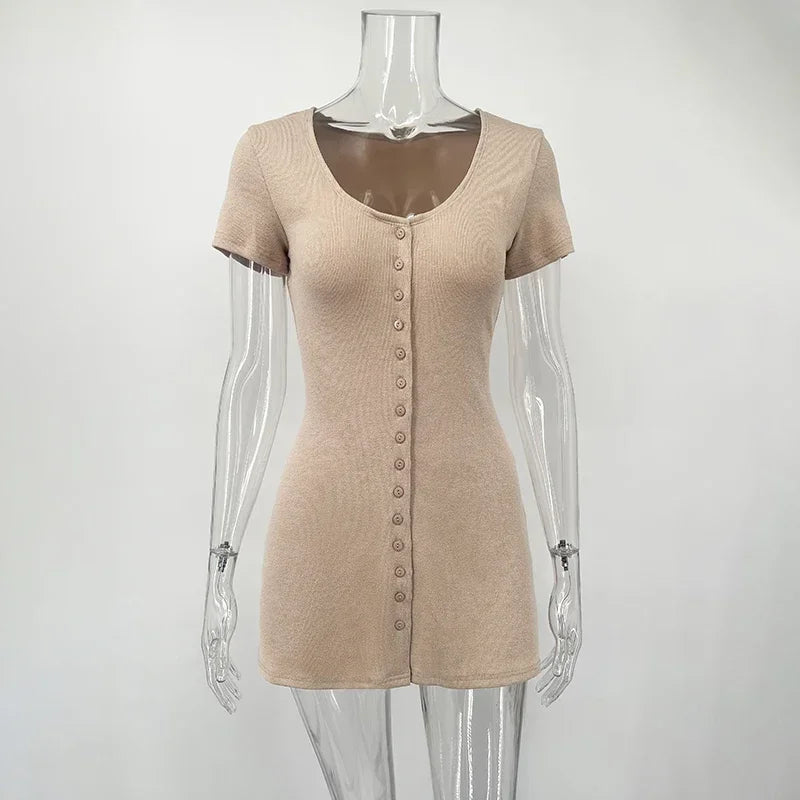 TARUXY Knitted Mini Dress Female 2025 Summer New Elegant V Neck Buttons Short Sleeve Dress High Elasticity Casual Women's Dress