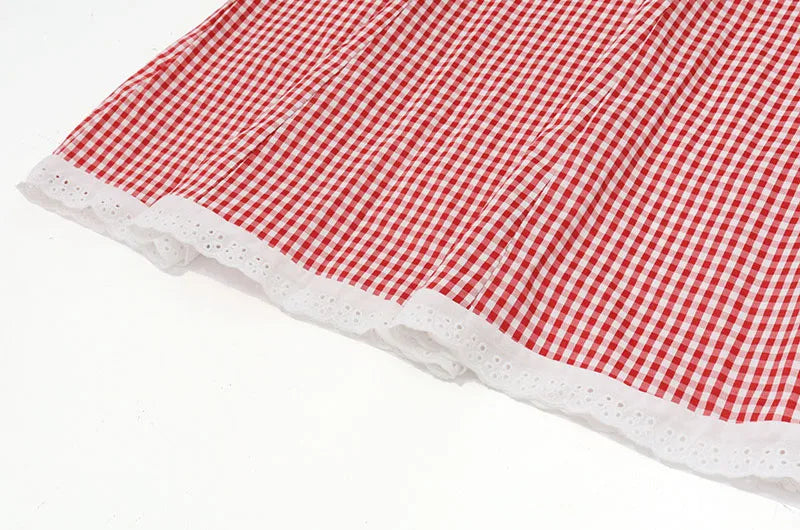 Women's Vintage Y2K Red Plaid Mini Dresses Sexy Backless Lace Spaghetti Strap Dress Woman Elegant Slim Evening Party Vestidos