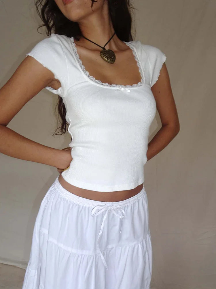 y2k Vintage Baby Tee Cottage Lace Trim Knitted