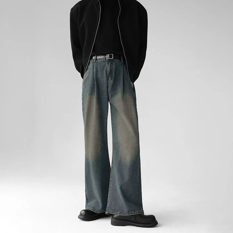 Korean Popular Baggy Jeans Men Y2k Pants Washed Vintage Straight Wide-Leg Pants Hip Hop High Street Bell Bottoms Denim Trousers