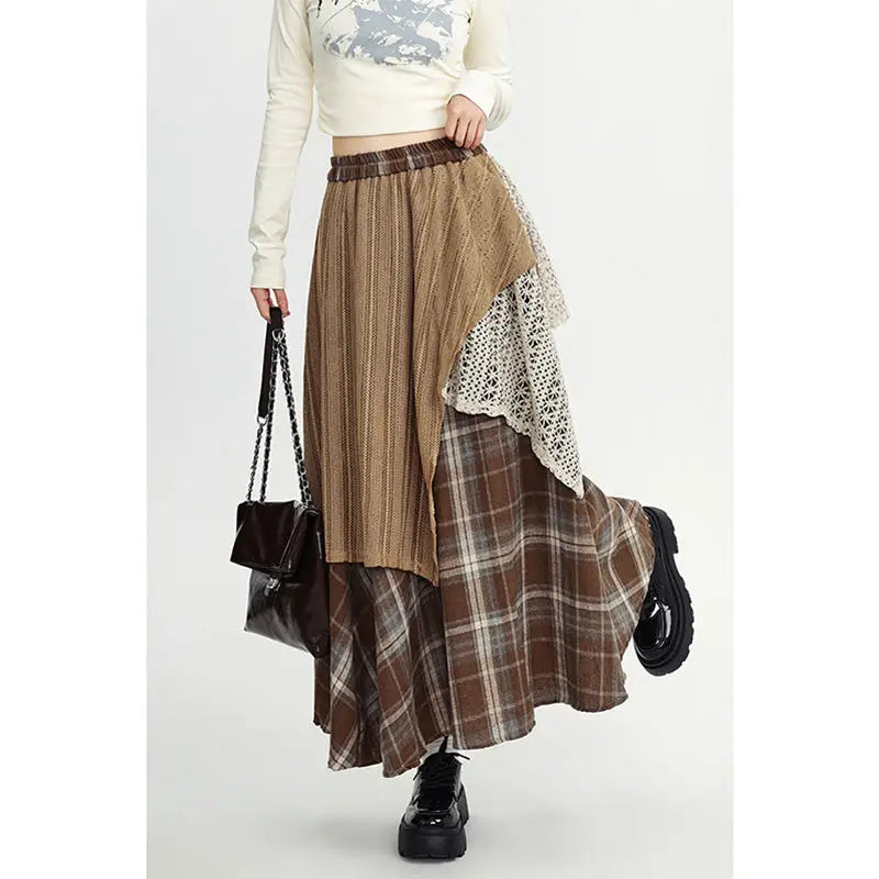 Y2k Skirts Women Clothing 2025 Faldas Mujer De Moda Contrast Color A-line Jupe Fashion Korean Saia Lace Plaid Casual Long Skirt