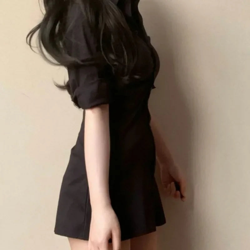 Mini Dresses for Women Skinny Sexy Female Solid Clothing Spring Summer Fashion Turn-down Collar Young Ins New High Waist Casual