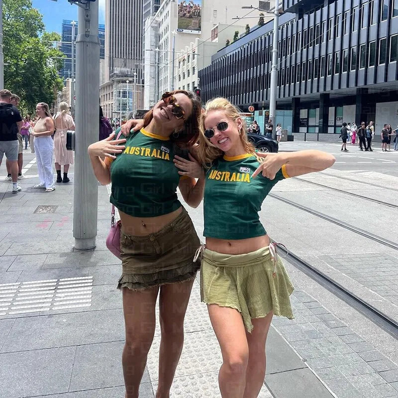 Y2k Aesthetic Women Australia Embroidery T-shirt Gothic Crop Tops Streetwear Grunge Baby Tee Vintage Casual Short Sleeve Clothes