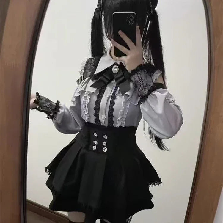 Women Y2k Aesthetic Lolita Style Bow Dress Shorts Set Japanese Gothic Lace Flare Sleeve Button Shirt Dress Punk Party Mini Dress