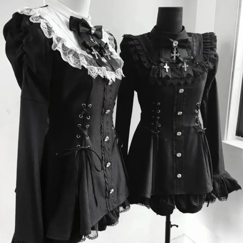 Women Y2k Aesthetic Lolita Style Bow Dress Shorts Set Japanese Gothic Lace Flare Sleeve Button Shirt Dress Punk Party Mini Dress
