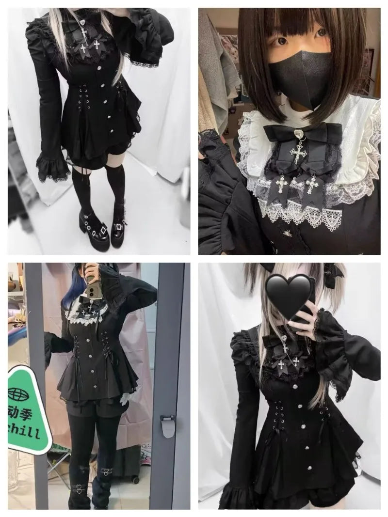 Women Y2k Aesthetic Lolita Style Bow Dress Shorts Set Japanese Gothic Lace Flare Sleeve Button Shirt Dress Punk Party Mini Dress
