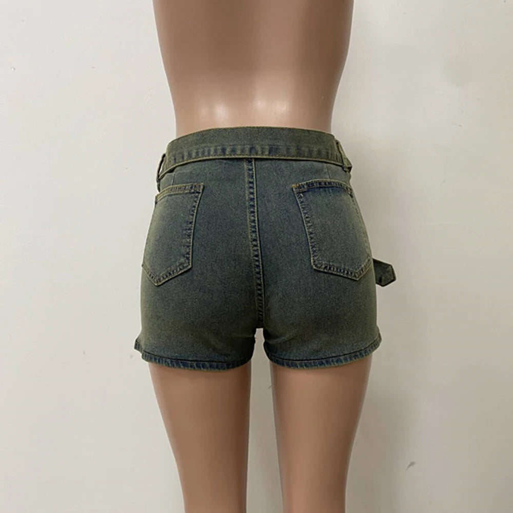 Chic Women Denim Short Skirt Y2k Street Wear Clothes 2025 Summer Sexy Irregular Vintage Washed Blue Belted Mini Jean Skirts
