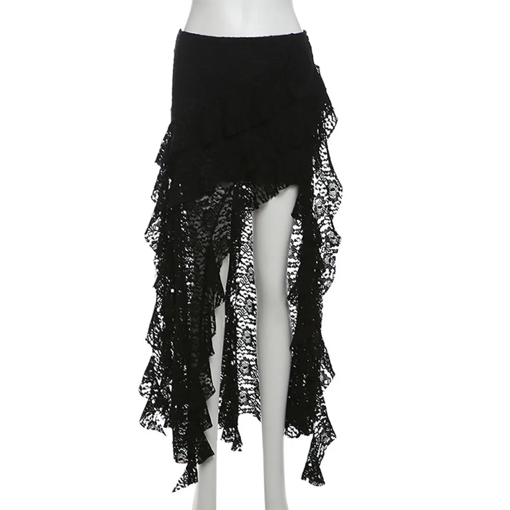 BKLD 2025 Autumn New Women Clothing Black Skirts Sexy High Waist Lace Ruffles Patchwork Irregular Y2k Skirts Party Clubwear