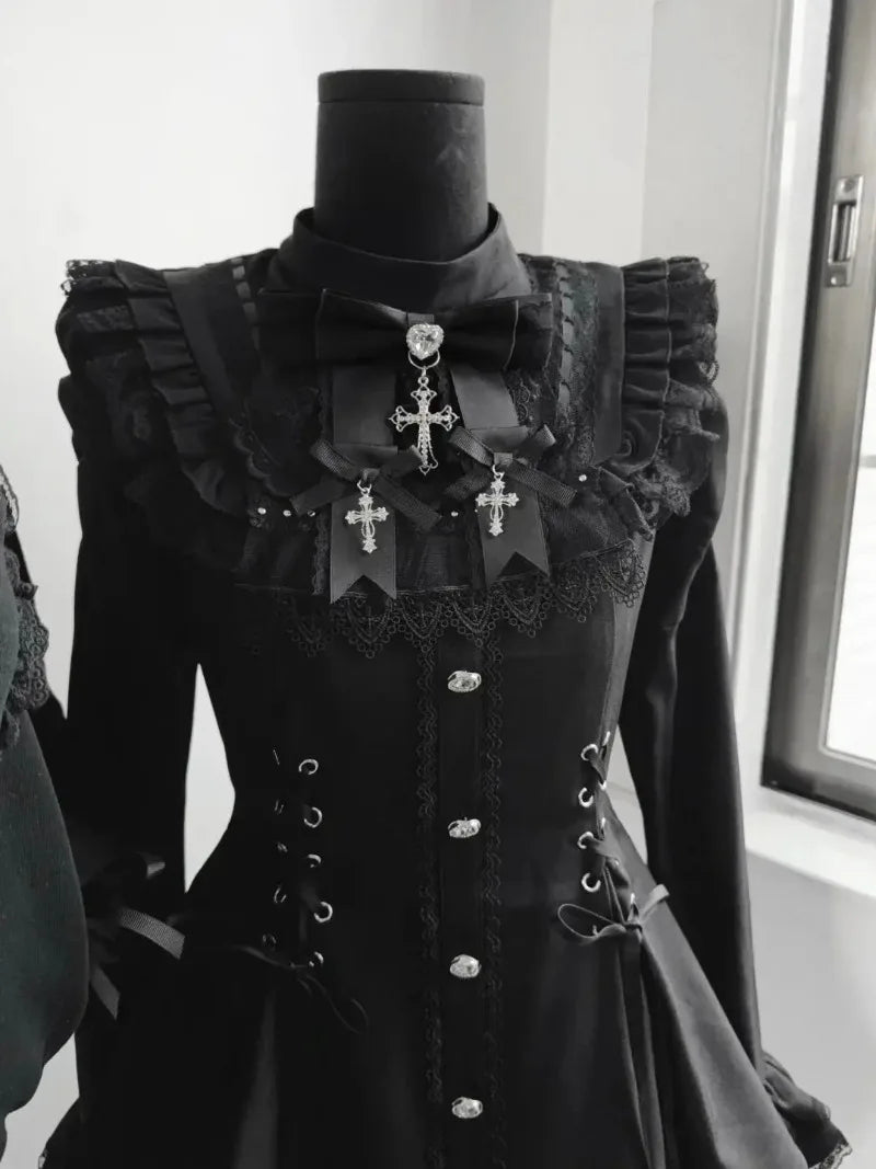Women Y2k Aesthetic Lolita Style Bow Dress Shorts Set Japanese Gothic Lace Flare Sleeve Button Shirt Dress Punk Party Mini Dress