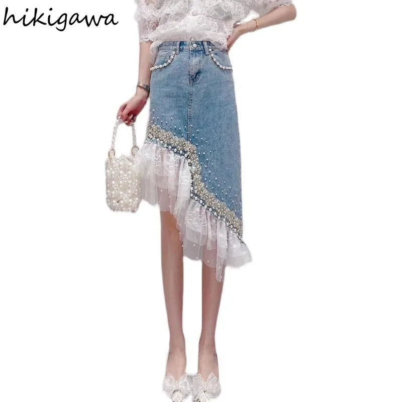 Denim Skirt Women Patchwork Lace Sweet Jupe 2025 Faldas Mujer De Moda Fashion Irregular Beading Summer Saia Bodycon Y2k Skirts