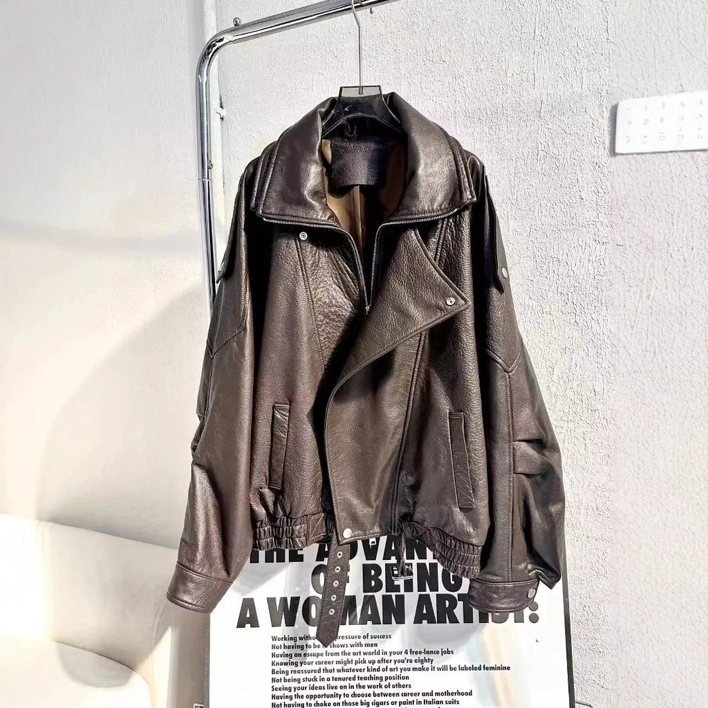 Women Jacket PU Leather Casual Short Punk Lace Up Turn Down Collar Long Sleeve Zipper Loose Y2k Street Wear British 2025 Winter