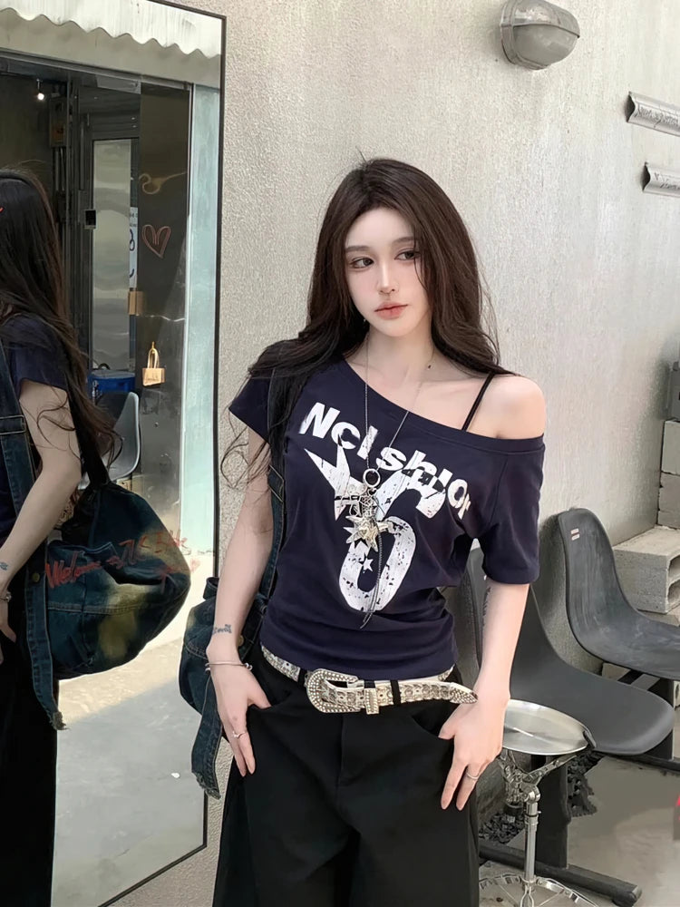 Y2k Sport Summer Off shoulder Top Women Sexy Vintage 2000s